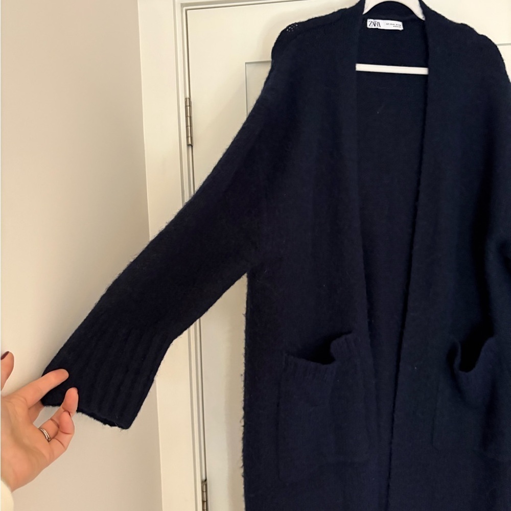 Zara Long Patch Pocket Cardigan Navy Sz M/L - Picture 9 of 12